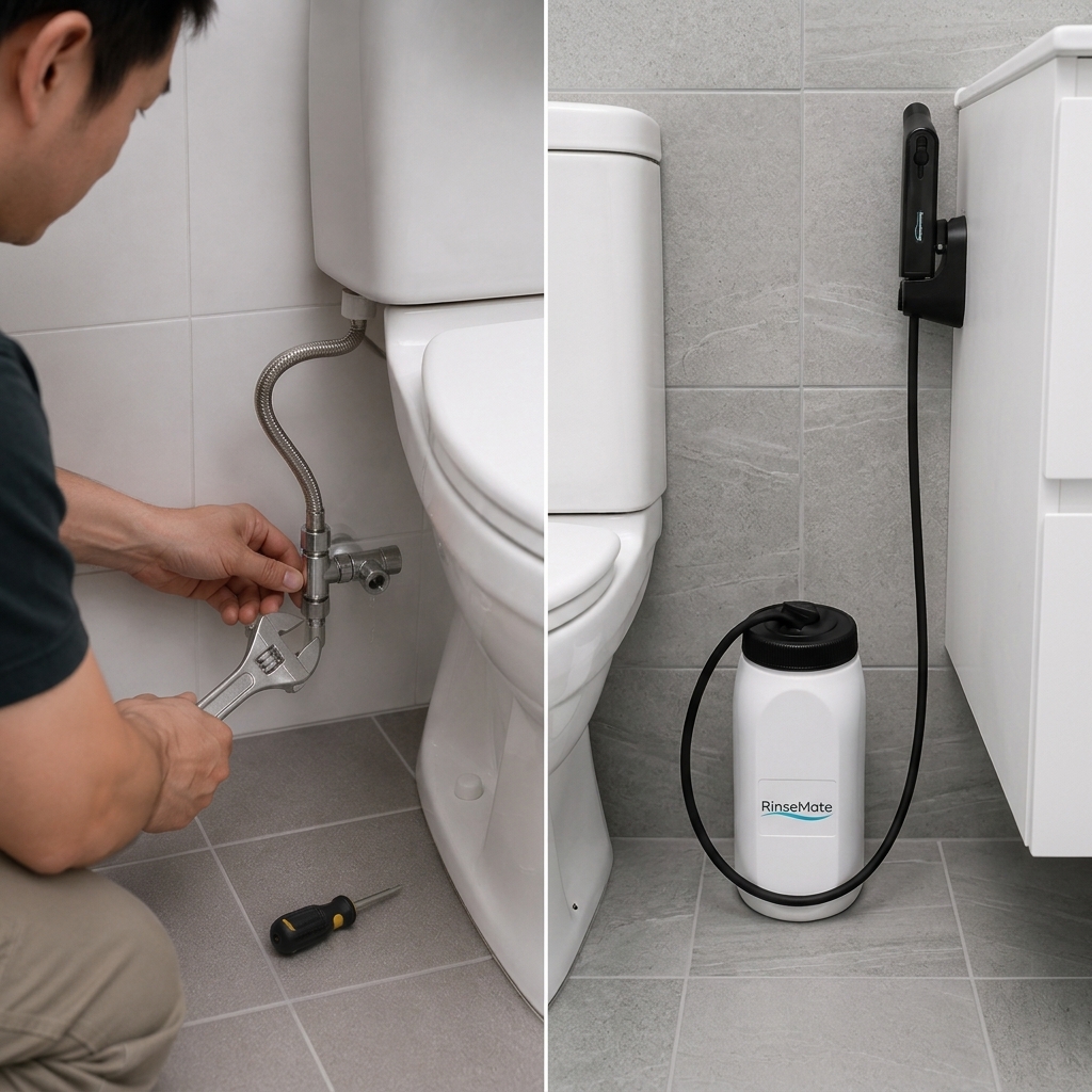 Left: a wrench on the toilet's water supply line, the plumbing clamp-on bidets must tap into. Right: RinseMate's standalone tank and wand next to a toilet, with no connection to the plumbing.
