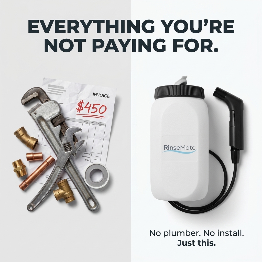 Comparison: left side shows plumbing tools and a £450 invoice for installation; right side shows the RinseMate tank and wand with the text 'No plumber. No install. Just this.'