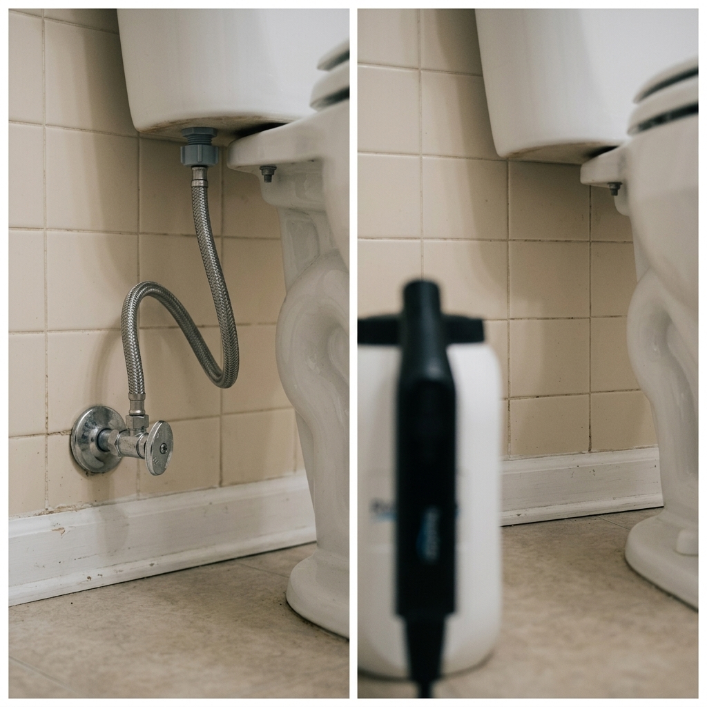 Left: a toilet with the braided water supply line and shut-off valve that clamp-on bidets must tap into. Right: RinseMate's standalone tank and wand, which never touches the plumbing.
