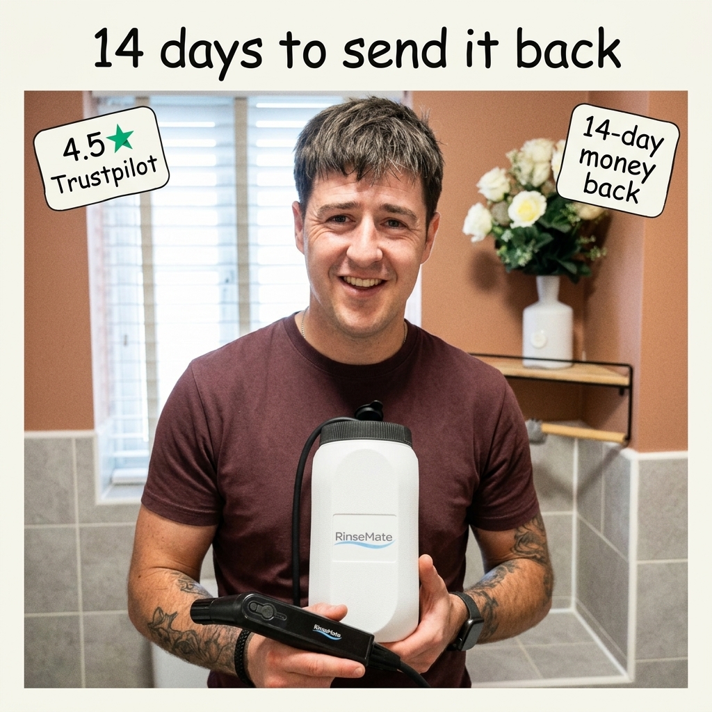 Man holding a RinseMate bidet in a bathroom with 14-day money-back guarantee and 4.5 Trustpilot rating badges.